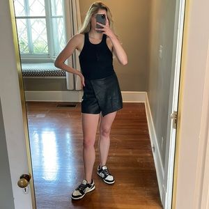 Black Faux Leather Skort with Asymmetrical Hem